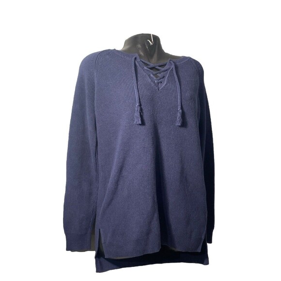 Ruff Hewn Knitted Sweater Tunic Blue Womens Large Blue Drawstring Pullover Boho‎ - Picture 1 of 7